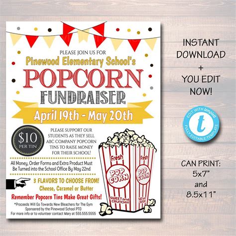 School Popcorn Fundraiser Event Flyer Editable Template Fundraiser