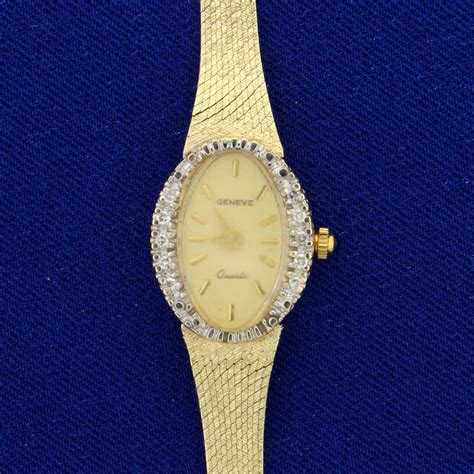 Vintage Womens Geneve Diamond And Sapphire Watch In 14k Yellow Gold