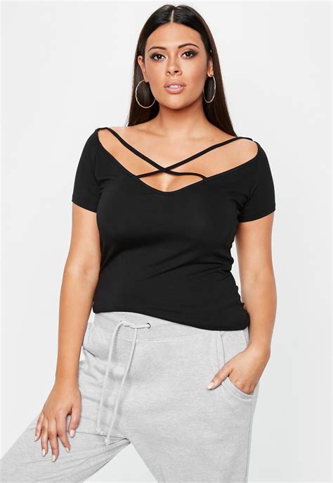 Missguided Curve Black Strap Detail Off Shoulder T Shirt Plus Size Outfits Plus Size