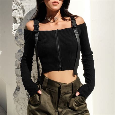 Sishot Women Off Shoulder Crop Top Shirt 2018 Autumn Fashion Sexy Female Long Sleeve Zipper T