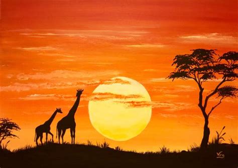 Glow In The Dark African Art Sunset Africa Giraffe Lion Silhouette