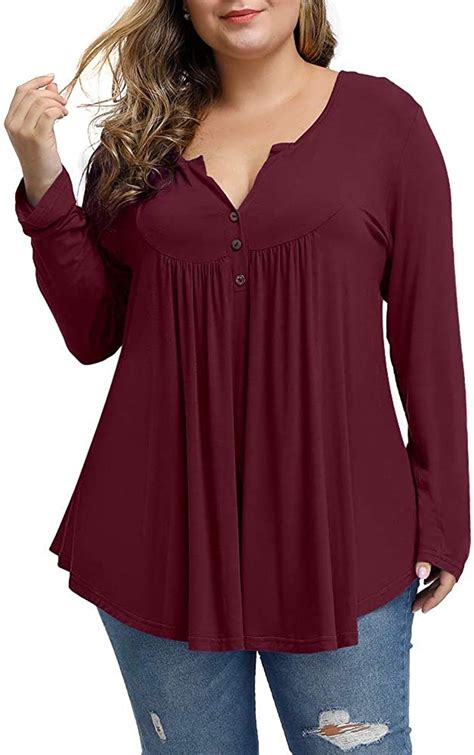 Allegrace Womens Plus Size Tunics Button Up Henley V Neck Tops Pleated