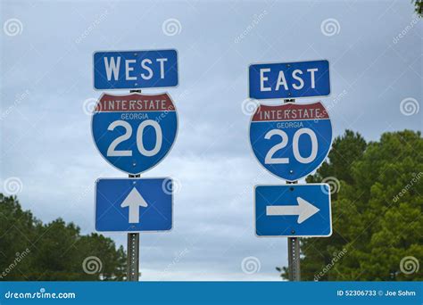 Interstate 20 Highway Signs Going East And West In Southeast Usa And
