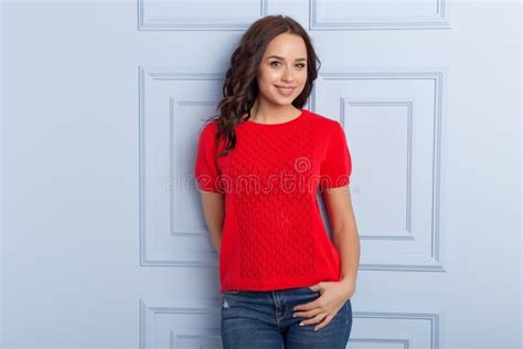 beautiful cute girl with a smile demonstrates knitted clothes stock image image of