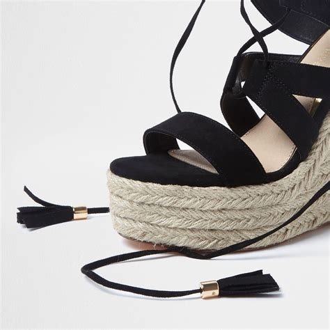 River Island Suede Lace Up Espadrille Wedges Sandals In Black Lyst