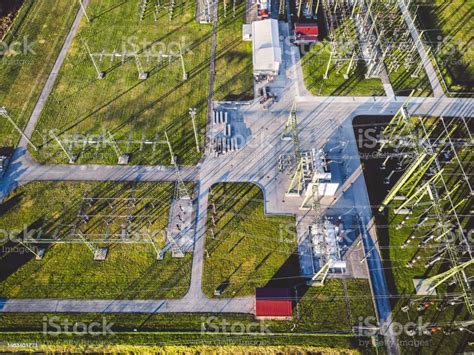 Top Down Aerial View Right Above Electrical Power Substation In The
