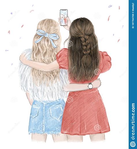 Best Friends Forever Two Girls Having Fun Making Selfie Hand Drawn