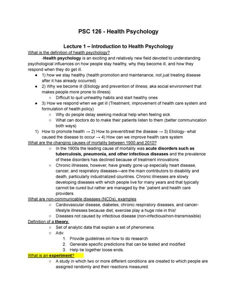 PSC 126 Notes Lecture 1 PSC 126 Health Psychology Lecture 1