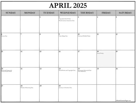 April 2025 With Holidays Calendar