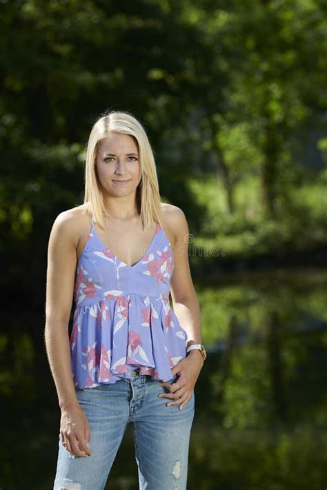 Stunning Young Blonde Woman Poses Outside Stock Image Image Of