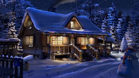 Cabin Christmas Lights Night Snow Snowman Winter Wallpaper