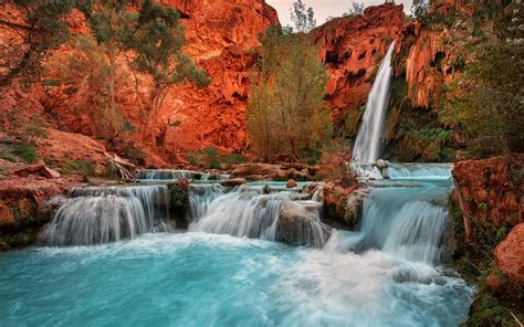 Nature Landscape Waterfall Red Rock Arizona Trees Pond Cliff
