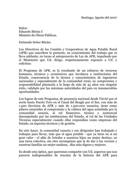 Carta Al Ministro Agua Potable Rural Chile