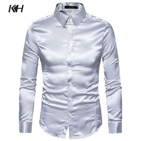 Kh Mens Fashion Shiny Satin Long Sleeve Casual Shirts Mens Slim Fit