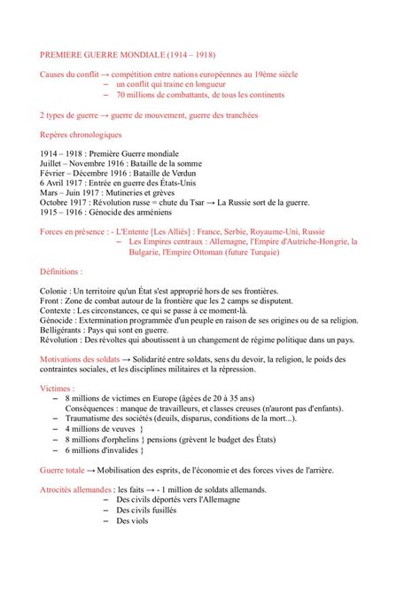 Fiche De Revision 1ere Guerre Mondiale