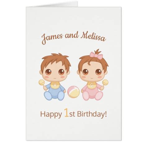 Baby Twins Boy Girl First Birthday Blank Card