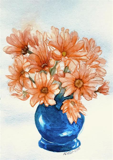 Daises In Blue Vase A Painting By Nancy Wait Pixels