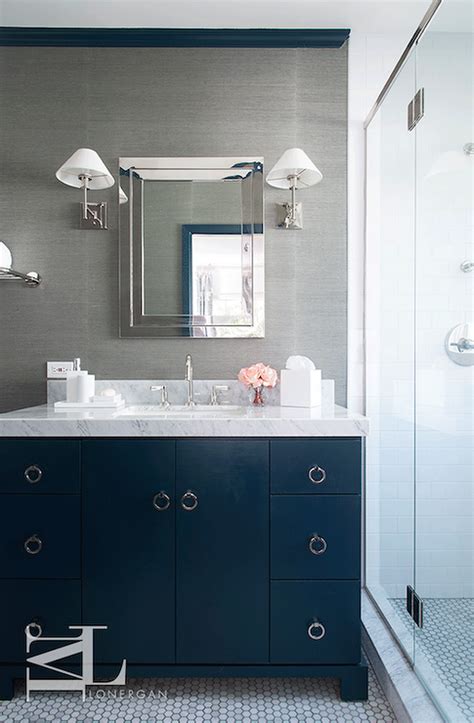 So many shades of blue! Navy blue and gray bathroom features walls clad in grey ...