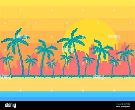 Sunrise On The Beach With Palm Trees In 80s Pixel Art Style Miami