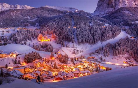 Wallpaper Winter Snow Mountains Lights Valley Italy The Dolomites