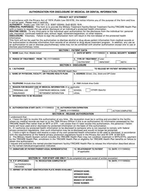 Download Dd Form 2870 Authorization For Disclosure Of Medical Or