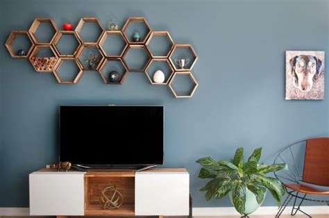 Hexagonal Geometric Shelves Above The Tv Monogram Decor Decor