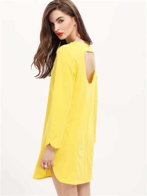 Yellow Long Sleeve Backless Loose Dress Sheinsheinside