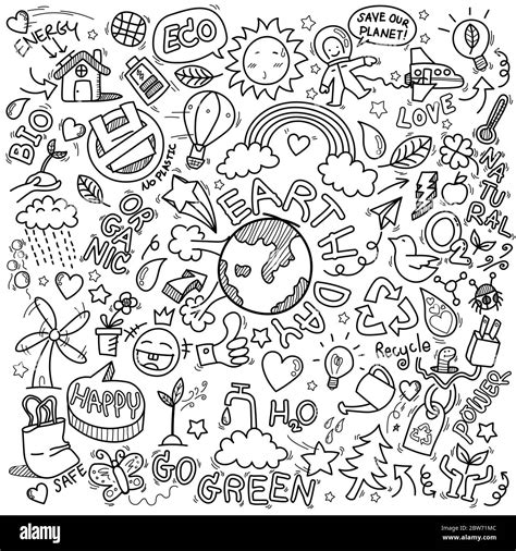 Hand Drawn Of Earth Day Ecology Go Green Clean Power Doodle Set