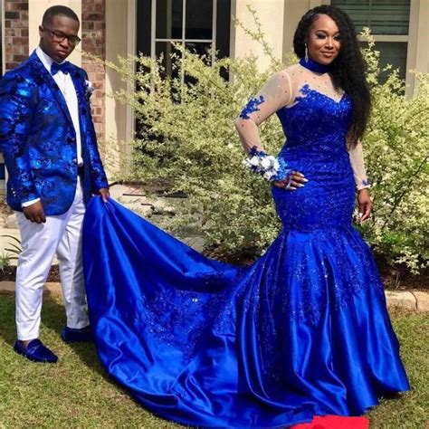 plus size royal blue mermaid prom dresses 2019 high neck lace stain applique long sleeve african