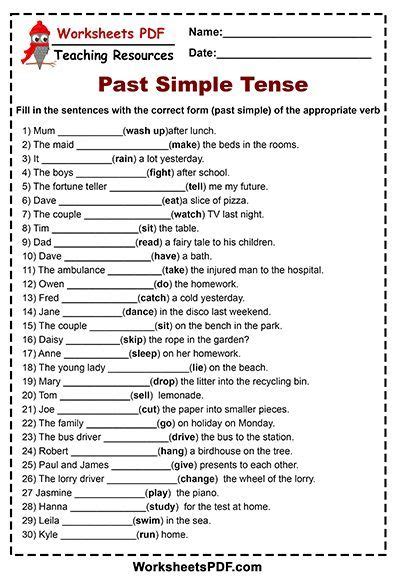 Worksheet For Past Simple Tense With The Words In Red And White On It