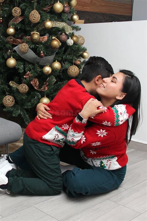 Divorced Single Mom And Son Latino Have Christmas Presents Sitting By