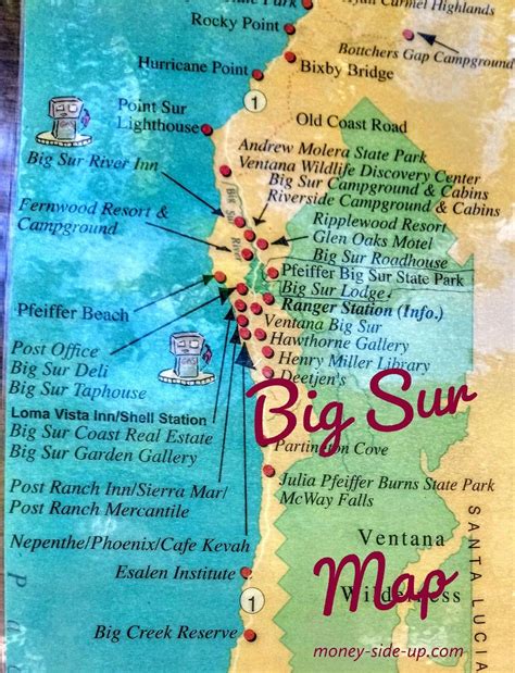 Big Sur And Pacific Coast Highway Points Of Interest Map California