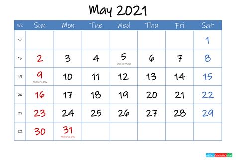 Printable May 2021 Calendar Word Template Ink21m17