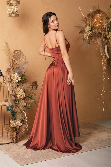 Rust Satin Silk Maxi Flared Dress With Slit Copper Bridesmaid Etsy