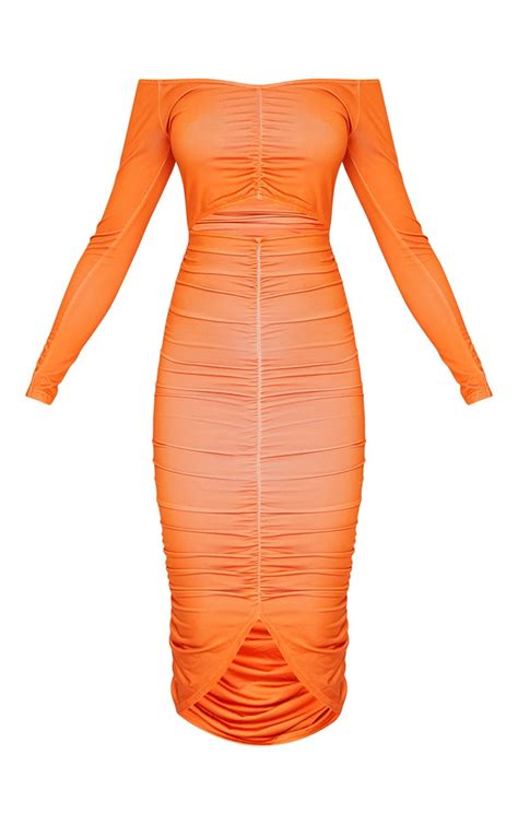 tangerine bardot ruched cut out midi dress prettylittlething