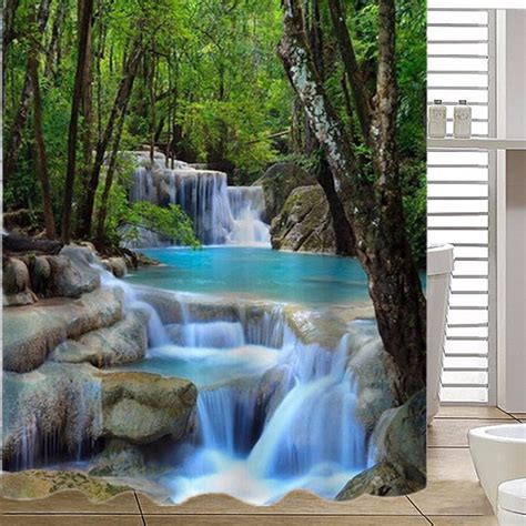 Waterproof Bathroom Shower Curtain Forest Waterfall Rocks Pattern Art