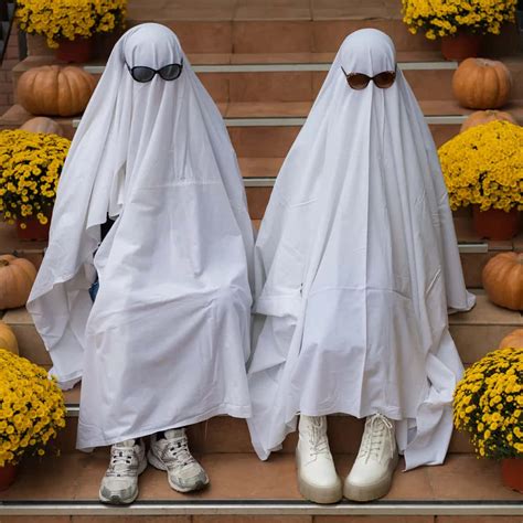 Download Two People Dressed In White Ghost Costumes Sit On Steps