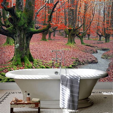 Self Adhesive 3d Red Maple Trees Forest Theme Bathroom Wallpaper Mural