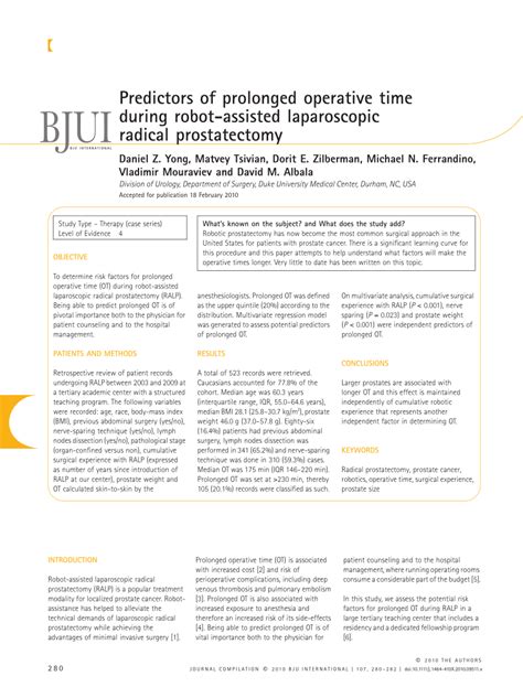 PDF Predictors Of Prolonged Operative Time During Robot Assisted