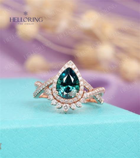 Pear Shaped Teal Sapphire Engagement Ring Set Blue Green Etsy