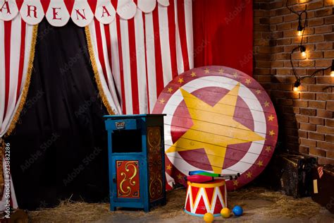 Circus Backstage In Retro Style Drum On Aa Pedestal Red Stripped