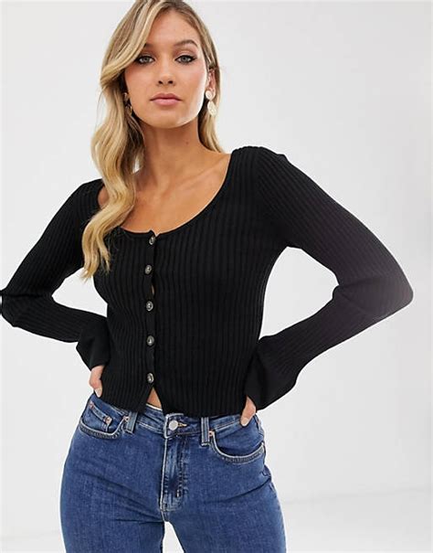 Asos Design Scoop Neck Cardigan In Skinny Rib With Buttons Asos