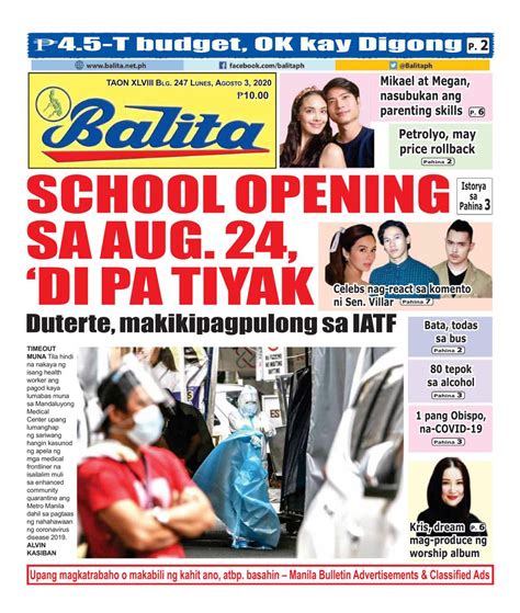 Balita August 3 2020 Newspaper Get Your Digital Subscription