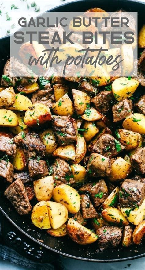 Top the steak with fresh chopped herbs. Garlic Butter Herb Steak Bites with Potatoes | The Recipe ...