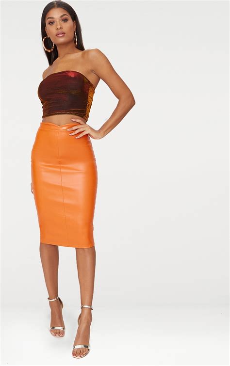 Orange Faux Leather Panel Midi Skirt Prettylittlething