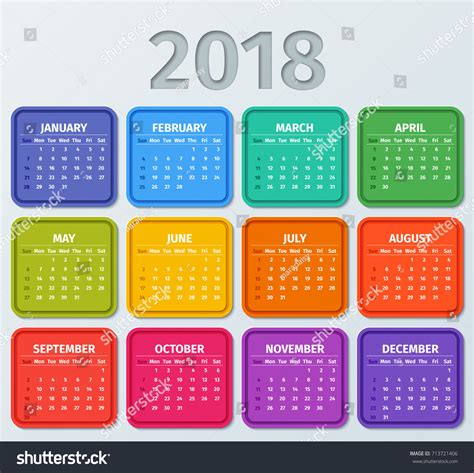Calendar 2018 Year Week Starts Sunday Stock Vector Royalty Free