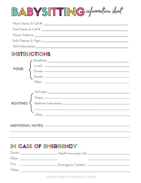 Free Printable Babysitting Information Sheet Babysitting Babysitter