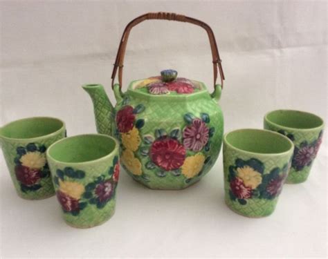 Vintage Green Basket Weave Floral Teapot And 4 Cups Rattan Handle Japan