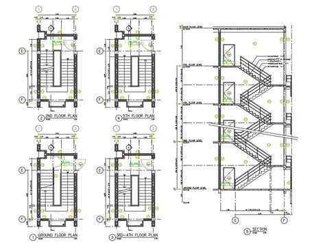 4 Storey Apartment Building Staircase Plan And Section Drawing Cadbull