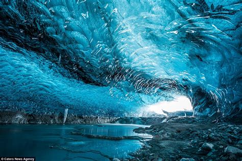 Icelands Stunning Crystal Cave Emerald Blue Ice Mixed With Volcanic Ash